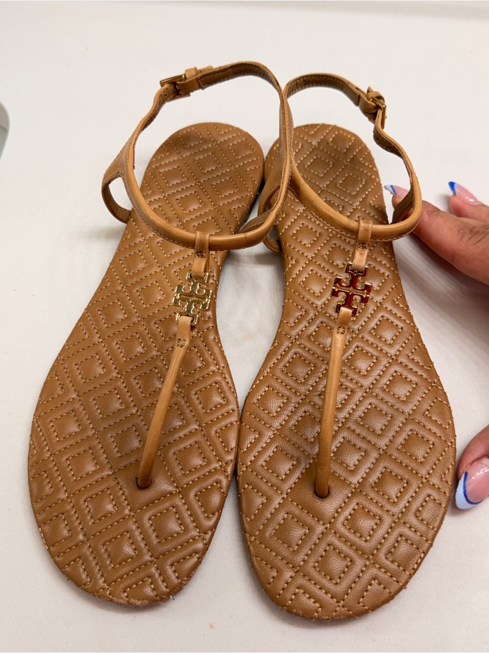 Tory Burch Tan Quilted T-Strap Sandals with Gold Logo Accent